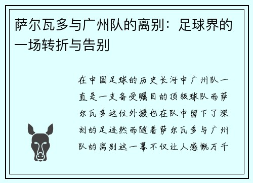 萨尔瓦多与广州队的离别：足球界的一场转折与告别